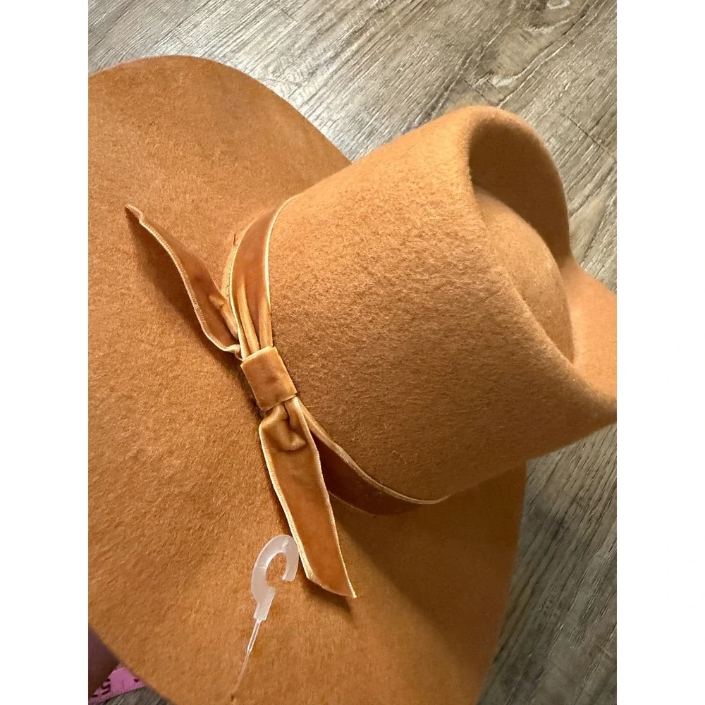 Rylee + Cru Youth Wide Brim Wool Fedora Hat Camel Brown Velvet Ribbon